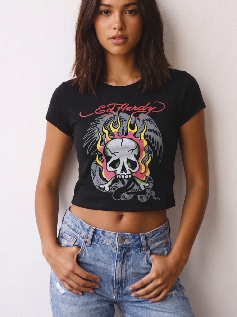 Ed Hardy Black Crop Tee with Skull & Flame Graphic